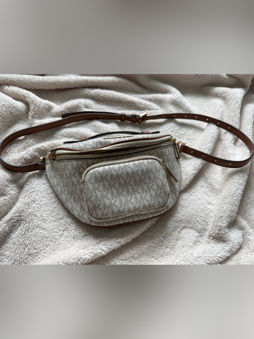 Michael Kors Beige Signature Canvas Crossbody with Brown Trim